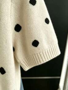 Retro Flocked Polka Dot Element Round Neck Short Sleeve Loose Casual Beige Base Black Dot Korean Relaxed Knit Top, Versatile For Spring/Autumn Commute, Daily Wear, Date - Oatmeal Color - View 5