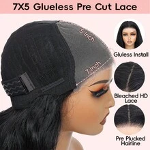 无胶直发蕾丝前假发 7x5 高清预拔毛预剪蕾丝闭合假发 自然发际线 即戴即用 180% 密度 耐热合成混纺人发假发 自然黑 8英寸-26英寸 - 自然色&黑色系 - 查看 3