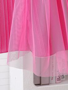 Summer Casual Girls Dress, Solid Color Round Neck Sleeveless Back Open Teardrop, Mesh Patchwork, Bow Decor, Fashionable & Sweet Girls Dress, Suitable For Outdoor & Daily Wear - Hot Pink - View 8
