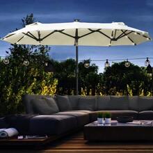 Double Parasol 295 X 219 Cm With LED Light, Adjustable Tilt Angle, Garden Parasol For Patio And Pool, Polyester And Steel, Beige. - Beige - View 1