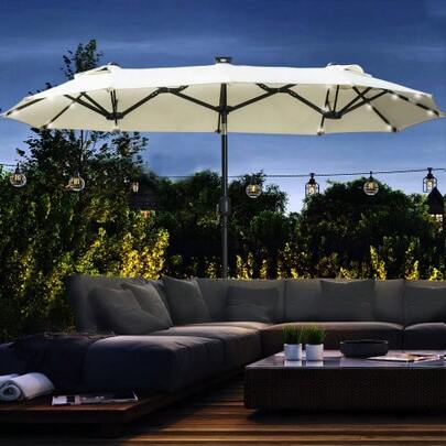 Double Parasol 295 X 219 Cm With LED Light, Adjustable Tilt Angle, Garden Parasol For Patio And Pool, Polyester And Steel, Beige.