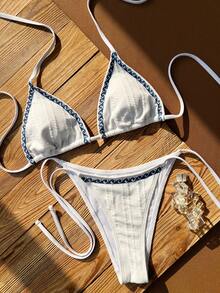 Women's Elegant White And Blue Wavy Pattern Swimsuit, Ideal For Spring And Summer Beach Vacations, Seaside Activities And Fashionable Holiday Outfits. - Multicolor - View 6