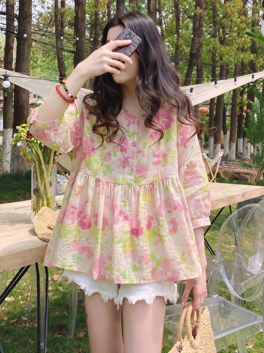 YUXIN Áo kiểu babydoll tay lửng 3/4 cổ tròn dáng rộng mùa hè mới, áo blouse hoa tay cánh dơi thời trang màu hồng cho kỳ nghỉ.