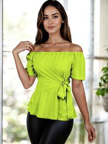 ZTSO Fashionable Off-Shoulder Blouse With Belt - Camel - View 12