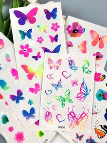 8pcs Dreamlike Colorful Butterfly & Floral Temporary Tattoo Stickers, Waterproof & Long-Lasting, Fresh Gradient Girl Style, Sweet & Romantic Atmosphere, Unisex For Wrist, Cheek Decoration, Mixed Designs With Fluorescent Effect - Multicolor - View 8
