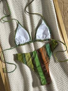 2pcs Striped Elegant Backless Halter Triangle Bikini Top And Bottoms, Swimwear For Women, Suitable For Beach, Pool, Water Sports In Summer Vacation - Multicolor - View 7