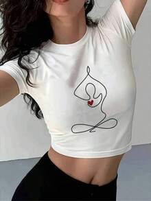 1 Piece Women's Short Sleeve Cropped T-Shirt, Fitted Slim Hot Girl, Fun Retro Print, Y2K Hot Girl Style, For Vacation Daily Outing, Sexy Girls - trắng - Xem 5