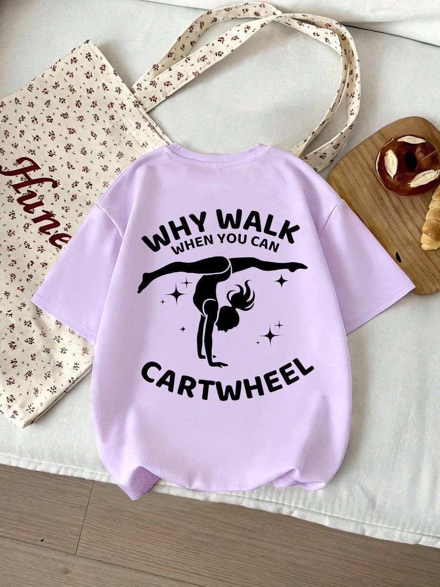 Tween Girl Cute Sunshine Girl Dance & Yoga Slogan Print Short Sleeve T-Shirt, New For Spring/Summer - Purple - View 1