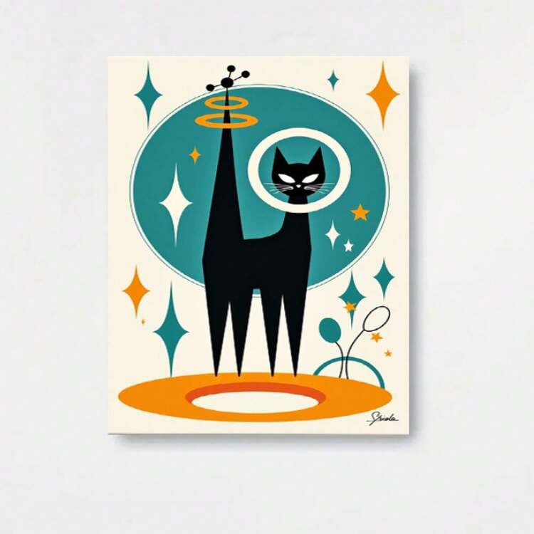 Cuadro Decorativo 2D Plano de Gato Atómico Negro Estilo Moderno de Medio Siglo (1 pieza) - Impresión en Lienzo Retro Inspirada en la Década de 1950 con Detalles en Azul Turquesa y Amarillo Mostaza - Decoración Minimalista Estilo Moderno de Medio Siglo para Sala de Estar, Dormitorio, Oficina en Casa - Póster Enmarcado con Galería para Interior/Exterior - Regalo Vintage de Decoración para el Hogar para Amantes de los Gatos - Pintura de Gato Negro de la Época Atómica - Decoración de Pared Retro L - Enmarcado - Añade 1