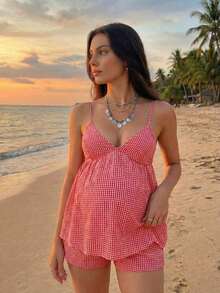 Lyckli Summer Outfit Vacation A Cute And Sweet Two-Piece Set In Red Plaid For Pregnant Women, Perfect For Vacations And Outings.Adjustable Elastic Band For Comfort And No Constriction.2pcs Maternity Plaid Camisole Top And Adjustable Waist Shorts Set, Casual Daily Wear Gingham Romper Summer Romper Red Gingham Dress Picnic Dress Mini Dresses Women Romper Summer Gingham Set Sexy Sundress Sexy Vacation Dress Red Gingham Romper Women Vacation Romper Picnic Romper Plaid Romper Playsuits For Women Holiday Summer Outfit For Women Beachwear Dress Women's Summer Outfits Picnic Dresses For Women Cute Dress For Women Women's Summer Outfits Women's Playsuits Summer Women Vacation Outfit Sets Women's Summer Co Ord Wrap Around Dresses For Ladies Maternity Dress Yacht Maternity Dress Y2k Sundress Women's Summer Co Ord Women Holiday Dress Vacation Outfits Women Dress Cute Summer Dress For Women Summer Holiday Outfits Women Summer Outfits For Women Dress - 紅色 - 查看 3