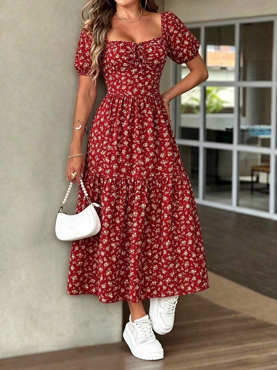 Vestido midi de línea A con cuello cuadrado y mangas de pétalos, de color rojo vino elegante para el verano - Rojo - Ver 1