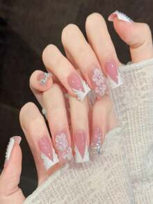 10PCS Duck Handmade Press On Nails, Lake Blue French Diamond,Suitable For Parties And Daily Wear,For Girls And Women Festivals Parties And Music Festival,Valentine's Day Mother's Day Gift. - Pink - View 4
