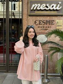 Women's Long Bishop Sleeve Flared Collar Top, Made Of Woven Fabric, Fashionable And Elegant Pink - Pink - View 2