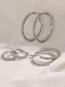 3对银色水钻耳环套装，闪亮锆石镶嵌大号耳环，魅力派对珠宝，女士礼物 - 圓形款 - 查看 2