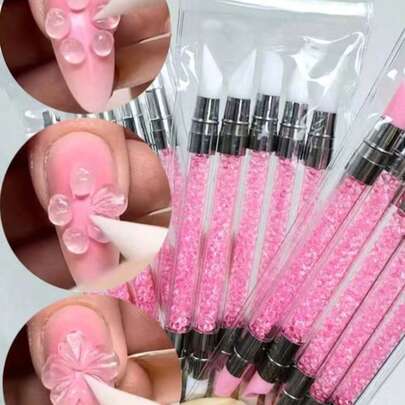5pcs/Set Pink Double-Ended Rhinestone Nail Art Silicone Carving Pen, 3D Flower Carving DIY Nail Brush Dotting Pen
