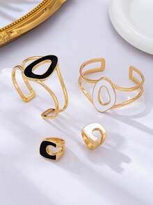 1 pieza Juego de anillo en forma de C esmaltado y pulsera geométrica, de material de aleación, adecuado para uso diario, vacaciones y regalo de fiesta - Blanco - Ver 2