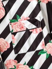 2pcs Striped Rose Print Women's Pajama Set, Quality Satin Fabric, Soft & Comfortable, Loose Cardigan Short Sleeve & Shorts Sleepwear Set, Elegant Ladies Loungewear - Black - View 4