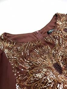 UNITHORSE Plus [Random Cut] Round Neck Lantern Sleeve Cinched Waist Chiffon Evening Gown Dress Party Wedding - Coffee Brown - View 6