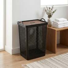 Black Mesh Multipurpose Laundry Basket 49L With Lid And Wooden Label - Black - View 1