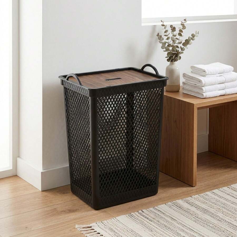 Black Mesh Multipurpose Laundry Basket 49L With Lid And Wooden Label - Black - View 1