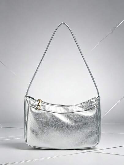 Shiny Silver Underarm Bag, Versatile Crescent Shoulder Bag, Soft Leather Baguette Bag For Commute & Leisure