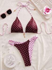Swim Mod Women's Summer New Seaside Vacation Fashion Sweet Cute Contrast Polka Dot Print Reversible Halter Tie Back Sexy Bikini Set Set Summer Bikini Cute Swimsuits Polka Dot Bikini Polka Dot Bathing Suit - Nhiều màu 10 - Xem 3