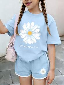 Casual Chrysanthemum Print Round Neck T-Shirt + Shorts Set, Comfortable Summer Outfit For Young Girls - Baby Blue - View 1