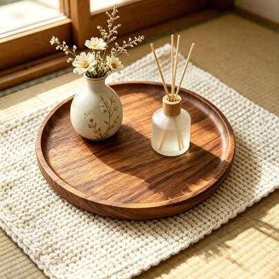 Vintage Round Wooden Tray, Home Serving Platter For Snacks, Bedroom Jewelry Organizer, Wabi-Sabi Desktop Decor Tray For Living Room