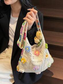 3件套波西米亚复古镂空花卉拼接斜挎包 | 双色面料，搭扣闭合 | 可水洗 | 开口设计 | 女士理想之选 | 休闲时尚配饰 | 波西米亚风格设计 | 耐用面料包 - 彩色 - 查看 5