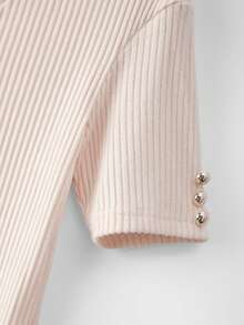 女士纯棉V领短袖基础款针织上衣，休闲常规长度毛衣 - 杏色 - 查看 3