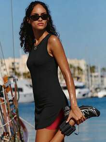 Speed mate Women's Long Casual Round Neck T-Shirt, Loose Side Basic Top, Spring/Summer - Black - View 2