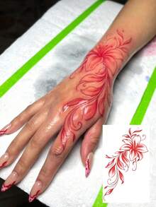 1pc Washable Temporary Tattoo, PVC Arm Floral Tattoo, Minimalist Ink Flower Design, Suitable For Daily Use - Red - View 3