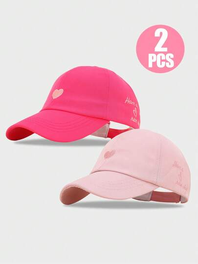 2pcs Kids Girls Heart Embroidered Ponytail Baseball Cap, Adjustable Sun Protection Casual Sun Hat For Toddler, Spring Summer Outdoor Travel Beach Daily Wear