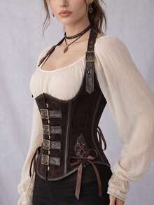 Women's Punk Style Waist Belt Corset Underbust Boned Vintage - Brown - View 2