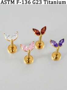 1 pieza Lindo Implante F-136 de Titanio con Dos Circonitas Marquesa en Forma de Hoja, Pendiente sin Rosca para Nariz, Labret, Hélix, Cartílago, Trago, Concha y Labio, Joyería Brillante para Uso Diario de Mujeres - 1 par de pendientes de rama de titanio - Ver 3