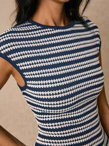 Vestido ajustado de mujer con rayas de moda, de verano - Azul y blanco - Ver 4