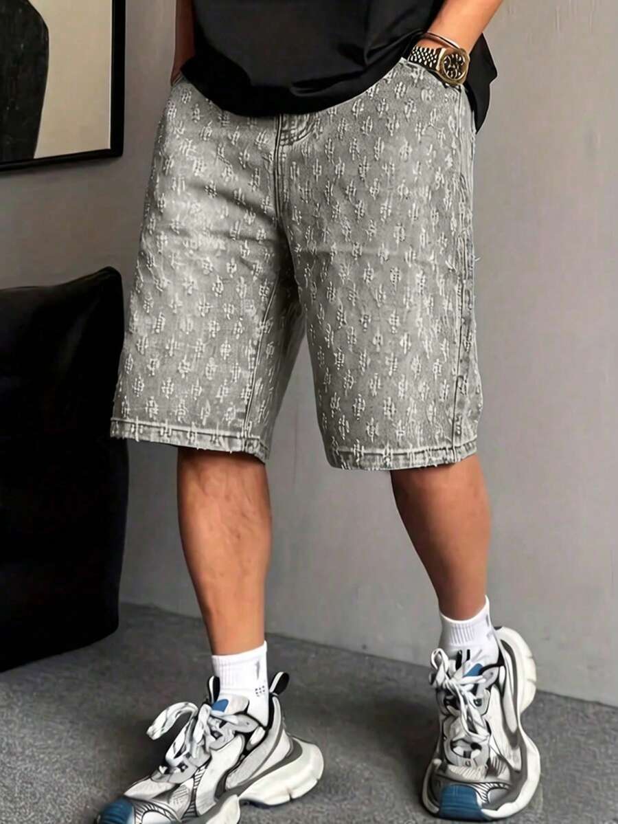Men's Fashionable Crochet Denim Shorts - Grey - View 1