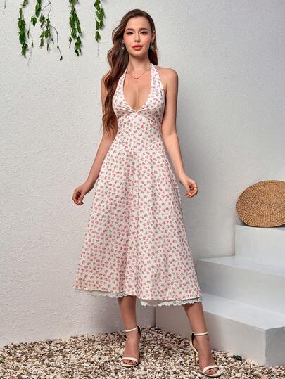 PARTHEA 女士印花吊带连衣裙，无袖中长款连衣裙，蕾丝边饰，A字廓形，适合休闲和度假穿着