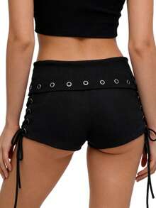 Y2k Shorts For Women High Waisted Fold Over Lace Up Side Stretchy Mini Booty Short Y2K Rave Club Party Concert Summer - 黑色 - 查看 3