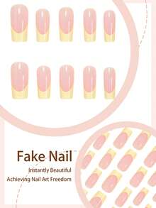 24pcs Matte Yellow French Manicure Nail Stickers, Including Rectangular Nail Wraps And Short Square Toe Stickers, Full Coverage Fake Nails Suitable For Women & Girls, Summer Party, Office, Daily Wear, Comes With 2 Adhesive Sheets And 2 Mini Nail Files, Random Delivery - Multicolor - View 3