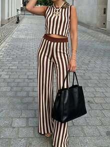 Holiday Bohemian Style Colorblock Striped Fashion Women's Elegant Comfortable Casual Vacation Sleeveless Crew Neck Crop Top And Pants 2-Piece Set, Spring/Summer - Brown - View 2