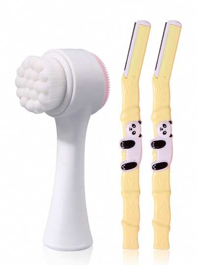 3 Piezas Juego de Belleza Multifuncional, Cepillo Facial Suave de Limpieza con Lindo Recortador de Cejas de Panda, Cepillo Exfoliante Facial 2 en 1 y Navaja para Dar Forma a las Cejas para una Piel Suave y Cejas Precisas