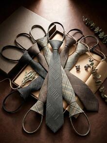 1件男士时尚休闲格子条纹学院风仿羊毛西装面料加厚拉链可调节领带，适合商务日常搭配 - 彩色 - 查看 10