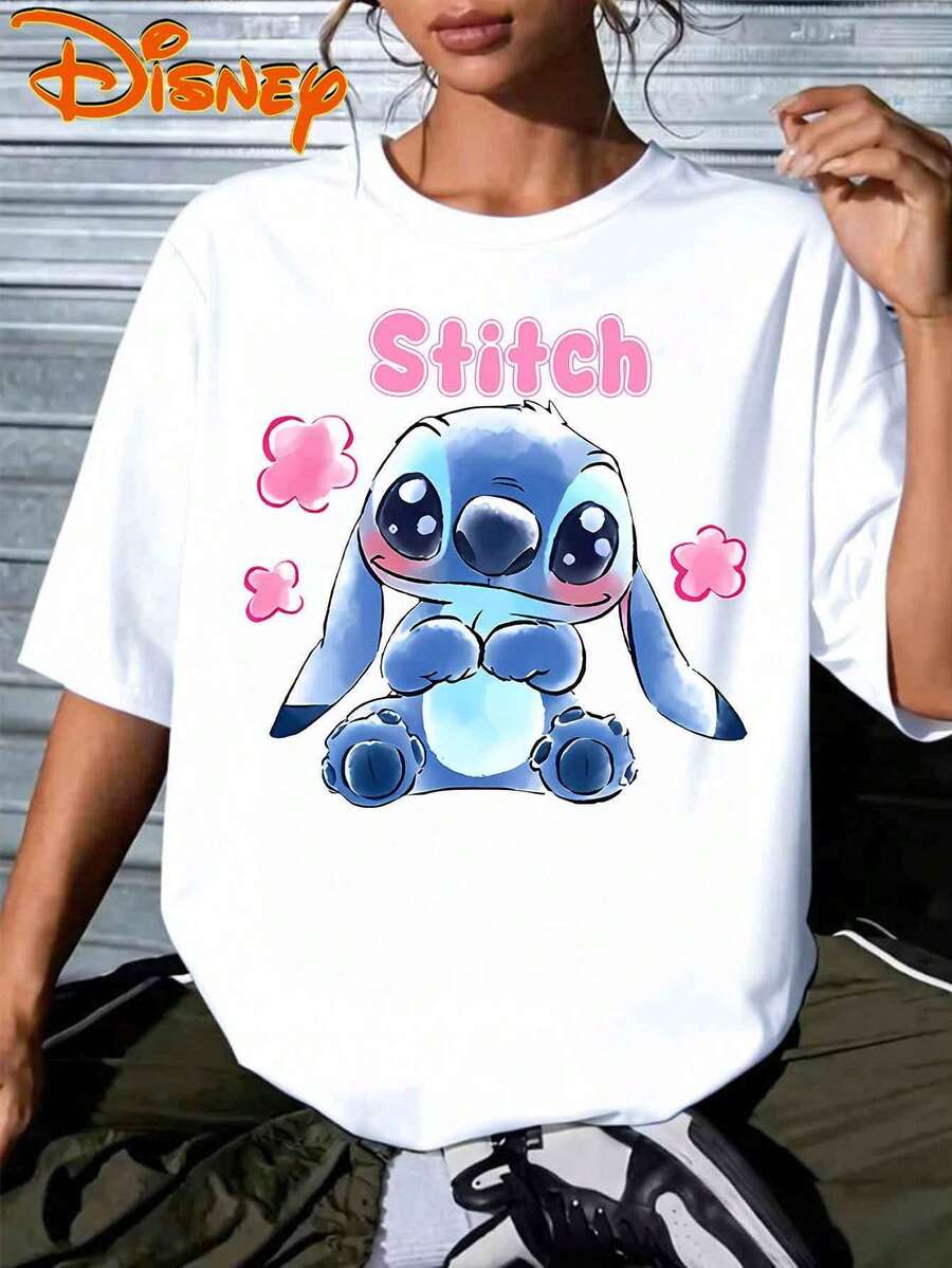 Women's Disney Short-Sleeve Stitch Cartoon Print Top, Cute Blue Figure With Pink Floral Accents, New Spring/Summer Casual Short-Sleeve Tee, Disney Series Printed Round-Neck Summer T-Shirt.Suitable For Spring And Summer, Disney Trips, Fashionable - 白色 - 查看 1