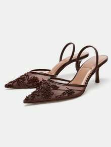 New Spring Women's Shoes, Brown Mesh Open-Toe Mules With Embroidery & Beaded Decor, Thin High Heels,Summer Sandals - Brown - View 5