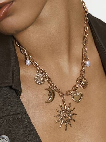 1pc Fashionable Retro Punk Sun, Heart, Moon Mixed Pendant Necklace With Faux Pearl, Suitable For Party, Daily Wear, Gatherings, Women's Gift