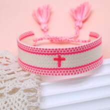 1pc Embroidered Cross Boho Handmade Braided Tassel Bracelet - Phosphor - View 2