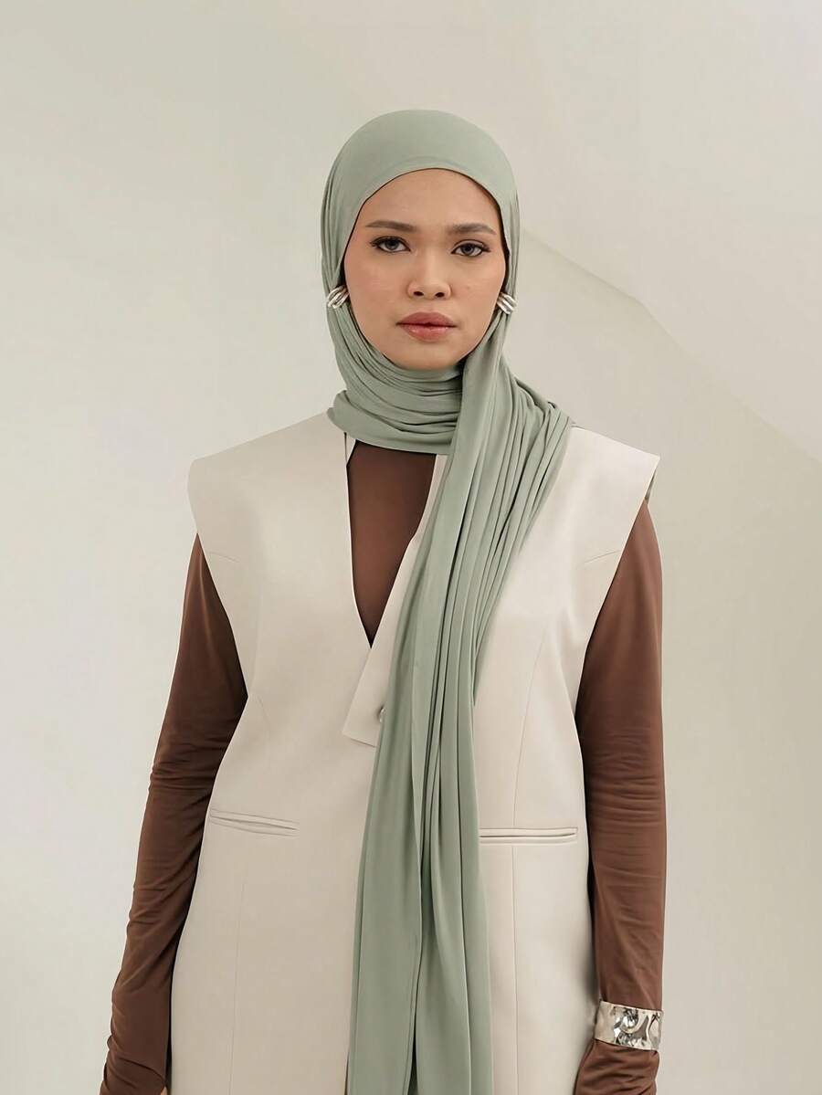 1 Peça Lenço Hijab de Modal Elegante e Casual de Cor Sólida Clássica, Estilo Turbante Longo Adequado para o Dia a Dia, Passeios e Reuniões, Acessórios, Feriados - Verde - Visão 1