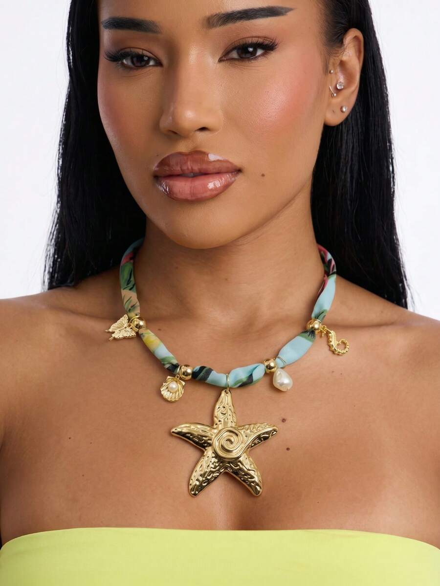 1pc Tropical Vibe Metal Starfish Pendant, Colorful Printed Fabric Marine Life Pendant Necklace, Suitable For Women's Summer Daily Outfit, Beach Vacation, Beachwear - Fabric Starfish Necklace - View 1