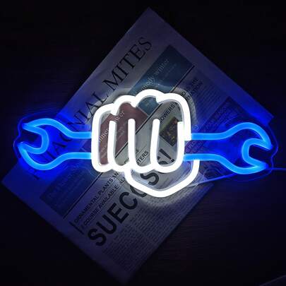 1 Dây đèn neon hình nắm đấm và cờ lê màu xanh trắng kèm cáp USB và bộ điều chỉnh độ sáng, trang trí tường bằng acrylic sáng bóng, cấp nguồn USB, thích hợp cho nhà để xe, xưởng sửa chữa, phòng giải trí và quà tặng cho thợ sửa chữa.